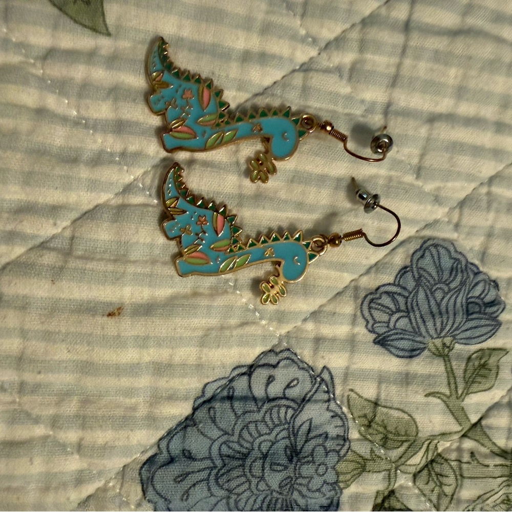 Dinosaur Drop Earrings in Blue and Gold